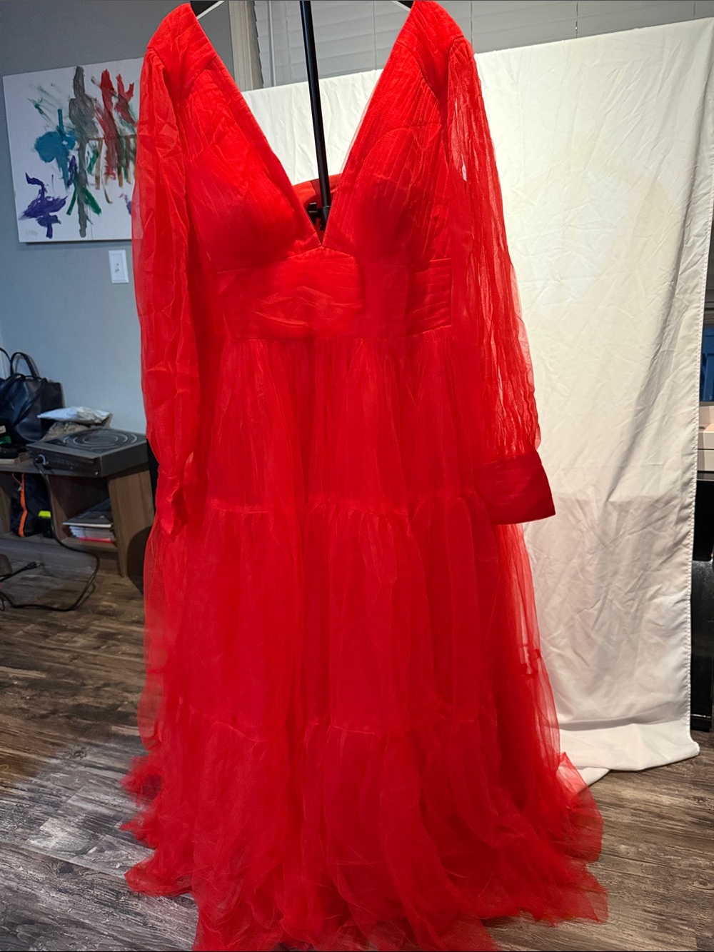 Red V-Neck Tiered Tulle Evening Dress